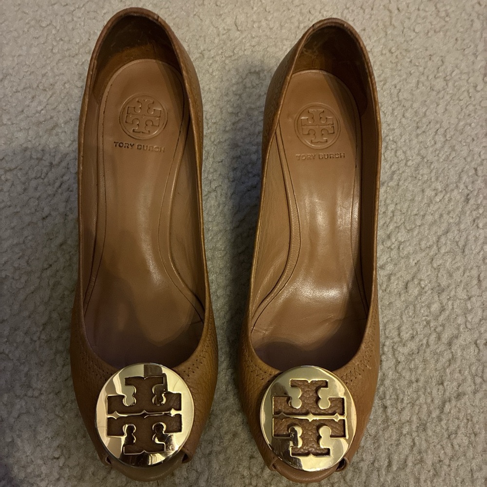 Tory Burch Brown Leather Wedge with Gold Emblem